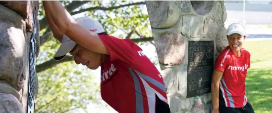  ??  ?? Top left and right Charlotte Vasarhelyi buried her pain to complete her end-to-end run of Ontario’s Bruce trail at the southern terminus plaque in Queenston Heights, Ont.
Centre A bold statement at the 2013 Around the Bay Road Race in Hamilton