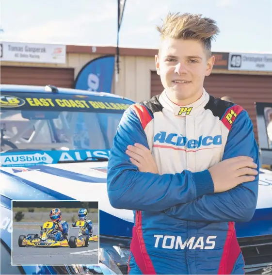  ?? Picture: EDGE PHOTOGRAPH­ICS ?? Northern Gold Coast student Tomas Gasperak, 16, has graduated from go-carts (inset) and is making a name for himself in SuperUtes.