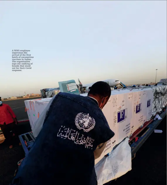  ??  ?? A WHO employee supervises the arrival of the first batch of coronaviru­s vaccines in Sudan. The organisati­on tops our ranking of brands that stood out for their Covid response.