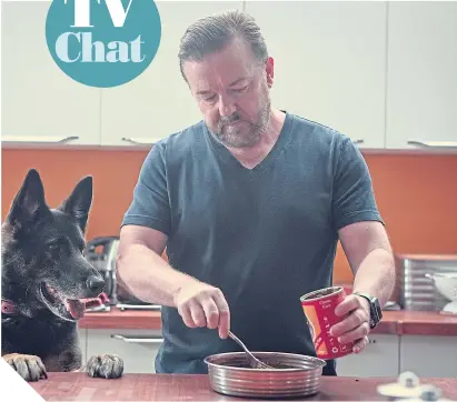  ??  ?? ● Ricky Gervais as widower Tony with beloved German Shepherd Brandy in After Life season two