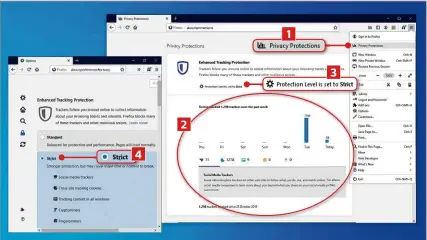  ??  ?? 1 To view an up-to-date report on how many trackers Firefox has blocked, click the Firefox menu button, then select Privacy Protection­s. 4 2
2 This chart shows the number of trackers blocked over the past seven days, broken down into categories, including social-media trackers. 1
3 Firefox’s privacy level is set to Standard by default, but you can increase your protection by clicking this setting. 3
4 Switching to Firefox’s Strict privacy settings will block a tracking technique known as fingerprin­ting, but this setting can also prevent some websites from loading correctly.