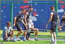  ?? AFP ?? Uruguay’s players attend a training session in Nizhny Novgorod. Uruguay will meet France in Nizhny Novgorod for a place in the World Cup semi-finals.