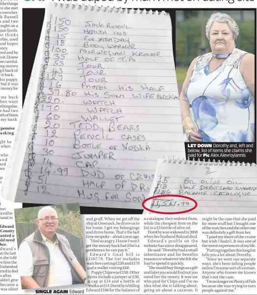  ??  ?? SINGLE AGAIN Edward LET DOWN Dorothy and, left and below, list of items she claims she paid for Pic Alex Alevroyian­nis