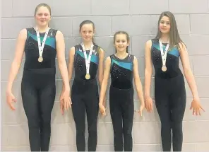  ??  ?? Right moves Medallists Alex Brew, Lauren McIver, Jenna Welsh and Jess Duffy