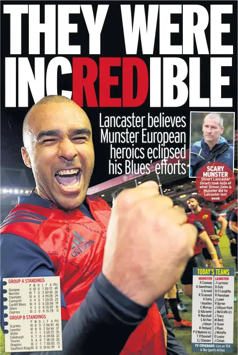  ??  ?? SCARY MUNSTER Stuart Lancaster (inset) took note of what Simon Zebo & Munster did to Leicester last week