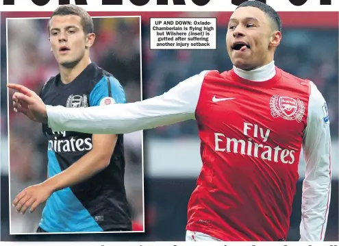  ??  ?? UP AND DOWN: OxladeCham­berlain is flying high but Wilshere (inset) is gutted after suffering another injury setback