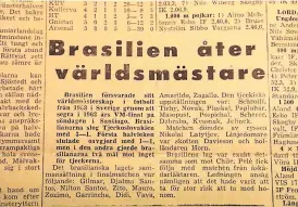  ?? FOTO: VN-ARKIV ?? Ӗ Brasilien har försvarat sitt VM-guld. Utan Pelé på planen. VN sommaren 1962.