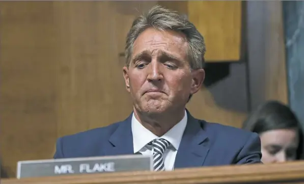  ?? Pablo Martinez Monsivais/Associated Press ?? Sen. Jeff Flake, R-Ariz., after speaking during the Senate Judiciary Committee hearing Friday on Capitol Hill in Washington.