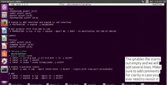  ??  ?? The iptables file starts out empty and we will add several lines. Make sure to add comments for clarity in case you ever need to revisit it.