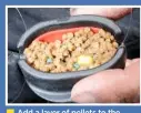  ??  ?? 5 Add a layer of pellets to the mould, then your hookbait, attached on a short hooklength.