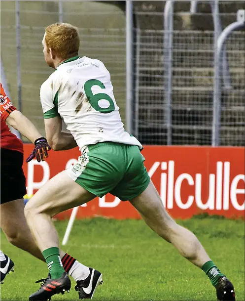  ??  ?? Stephen Coen of St Mary’s in possession as Ross Donovan, Eastern Harps defends. INSET: Caolan O’Grady in possession for St Mary’s with James O’Hara of Eastern Harps. Pics: Tom Callanan.