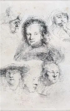  ??  ?? Rembrandt van Rijn - Studies of the Head of Saskia and others, etching on laid paper, circa 1636, with part of a Strasbourg Lily watermark.