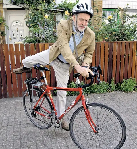  ??  ?? Labour leader Jeremy Corbyn opted for two wheels yesterday as he left his London home. He is being compared to Michael Foot, who in 1983 led the party to a landslide defeat