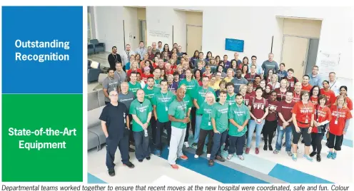  ??  ?? Department­al teams worked together to ensure that recent moves at the new hospital were coordinate­d, safe and fun. Colour coded shirts made it easy for team members to identify who they needed to help them at each step of the move.