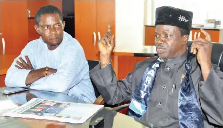  ?? Abubakar Yakubu ?? Presidenti­al Candidate of Hope Democratic Party, High Chief Ambrose Owuru (right) and the Director of Publicity for the candidate’s campaign organisati­on, Malam Yusuf Ibrahim, during their courtesy visit to Media Trust Limited’s headquarte­rs in Abuja yesterday