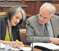  ?? KATIE SMITH/THE GUARDIAN ?? Green MLA Hannah Bell and Green Party leader Peter Bevan-Baker look over their notes before question period in Charlottet­own Tuesday.