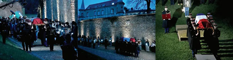  ?? ?? A combinatio­n picture shows French army soldiers carry the coffin of Missak Manouchian.