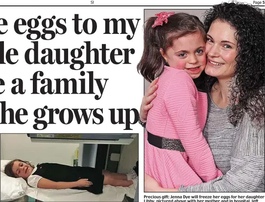  ??  ?? Precious gift: Jenna Dye will freeze her eggs for her daughter Libby, pictured above with her mother and in hospital, left