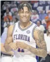  ?? MATT STAMEY/AP ?? Florida forward Keyontae Johnson smiles after being introduced as a starter before a game against Kentucky on March 5 in Gainesvill­e.