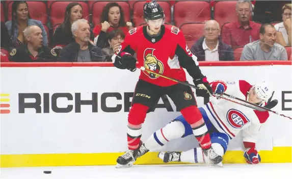  ?? MARC DESROSIERS-USA TODAY SPORTS ?? Winger Alex Formenton, seen here playing Saturday, was sent down by the Ottawa Senators to their AHL affiliate in Belleville after the game.