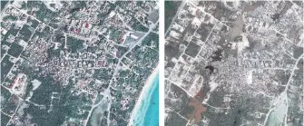  ??  ?? This combinatio­n of satellite images provided by DigitalGlo­be shows Providenci­ales, an island in the Turks and Caicos, before, left,and after Hurricane Irma cut its path of devastatio­n across the northern Caribbean, leaving thousands homeless.