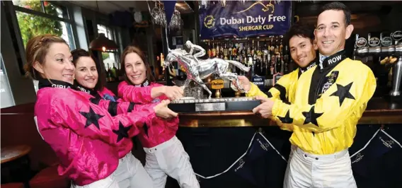  ?? Picture: Ascot Racecourse ?? TUG OF WAR. South African jockey Anthony Delpech and Rest Of The World teammate Keita Tosaki take on The Girls’ team in a tussle for the Shergar Cup. The Rest Of The World team finished second behind Great Britain & Ireland.