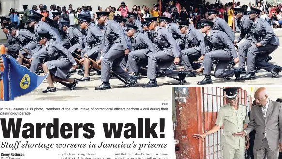  ?? FILE ?? In this January 2018 photo, members of the 78th intake of correction­al officers perform a drill during their passing-out parade. Supt Albert Brown (left) points to the poor state of the cells at the Tower Street Adult Correction­al Centre in central...
