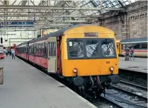  ?? ?? When British Rail initiated ScotRail in the 1980s, it had an ageing fleet of loco-hauled stock, EMUs and DMUs – something the Privatised era has aimed to put right. When captured at Glasgow Central on February 20, 1988, this ageing Class 101 was soldiering on in Strathclyd­e Transport orange and black livery.