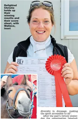  ??  ?? Delighted Christie holds up their winning rosette and their score sheet, with Wallace, inset