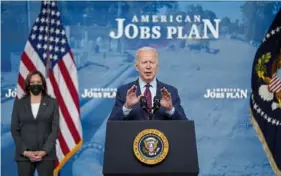  ?? AP Photo/Evan Vucci ?? President Joe Biden speaks during an event on the American Jobs Plan in Washington on April 7. Vice President Kamala Harris is at left.