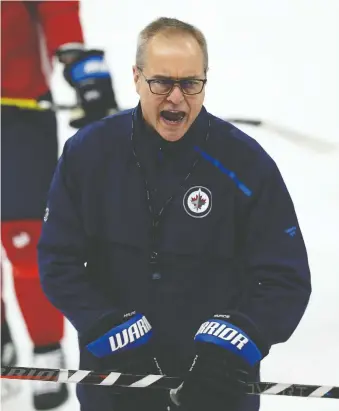  ?? KEVIN KING FILES ?? Head coach Paul Maurice makes sure to be heard during a recent Winnipeg Jets practice.