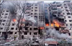  ?? Photo: AFP ?? An apartment building hit by Russian shelling in the Obolon district of Kyiv on Monday (Mar 14).