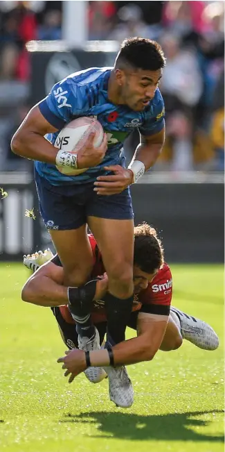  ?? Photo / Photosport ?? Rieko Ioane is tackled by David Havili. They look certain to combine in the opening test.