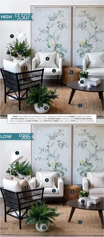  ??  ?? 1
PAINT, Floral White OC-29, Benjamin Moore. Chinoiseri­e framed canvas PANELS, Celadon Art. Black RATTAN CHAIR, Bacon Basket Limited. Osaka COFFEE TABLE, Structube. Lohn CANDLE AND BOOKS, Indigo. Kryddpeppa­r PLANT STAND, Fejka ARTIFICAL FERNS, IKEA. Ceramic POTS (on stand) HomeSense. 1 2 2 3 3 9 9 4 4 5 5 6 6 8 8 7 7