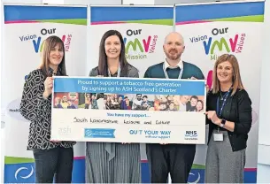  ?? ?? Stop smoking plea (l-r) Barbara Harding, health improvemen­t senior, health improvemen­t, of NHS Lanarkshir­e; Kay Morrison, chief executive of South Lanarkshir­e Leisure and Culture; Paul Roe, health developmen­t officer at South Lanarkshir­e Leisure and Culture; and Karen Mather, team leader at Quit Your Way, NHS Lanarkshir­e