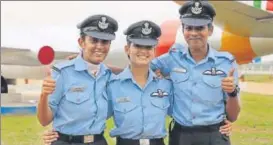  ?? AP FILE ?? Air force’s first three women fighter pilots (from left) Mohana Singh, Avani Chaturvedi and Bhawana Kanth were commission­ed as flying officers in June, 2016.