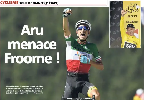  ?? (Photos AFP) ?? Aru en jambes, Froome en jaune. L’Italien a superbemen­t remporté l’étape à La Planche des Belles Filles. Le Britanniqu­e, lui, a pris le pouvoir.