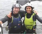  ??  ?? Above Tired but elated: Stew Edge and Islay Symonette kitesurfed around Britain