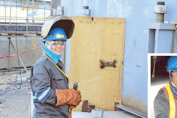  ??  ?? Roschel Durol works as a welder (left). Janice Pajaron is a confined space attendant (below).