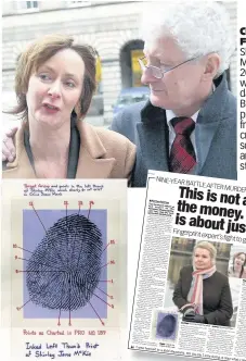  ??  ?? COURT FIGHT Shirley McKie in 2006 with her dad Iain. Below, print from the crime scene and our story