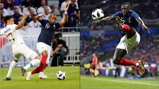  ?? (Photos PQR/Le Dauphiné et PQR/Le Progrès) ?? Djibril Sidibé et Benjamin Mendy ont été en difficulté contre les USA. Les deux latéraux ont connu, cette saison, des blessures qui expliquent, sans doute, leur baisse de forme actuelle. Comment seront-ils face à l’Australie, samedi, pour le premier...