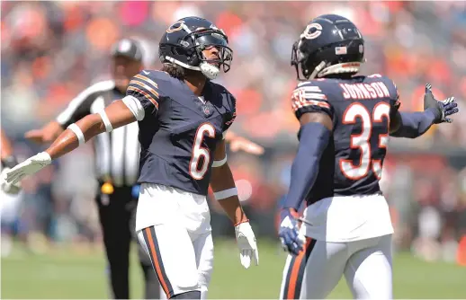  ?? AP ?? Jaylon Johnson, celebratin­g a stop with Kyler Gordon (left) in the preseason opener against the Titans, says the Bears’ defense will be ready to roll against the Packers.