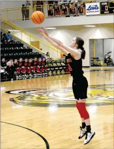  ?? ENTERPRISE-LEADER photograph by Mark Humphrey ?? Pea Ridge sophomore Lauren Wright made an early 3-pointer during a 48-26 win by the Lady Blackhawks at Prairie Grove’s Tiger Arena in a reschedule­d game played Monday, Jan. 13.