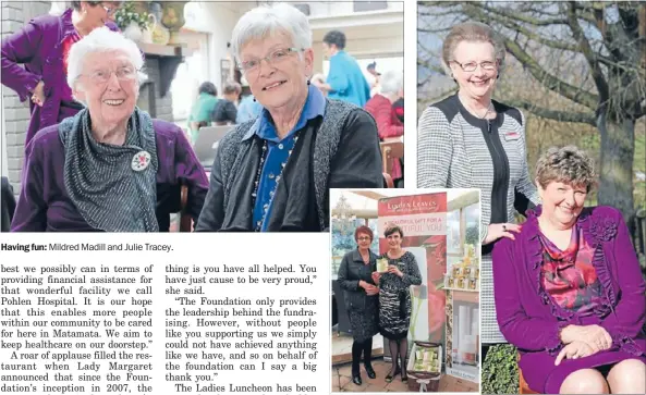  ??  ?? Having fun: Mildred Madill and Julie Tracey. Giving: Unichem Matamata’s Jan Harwood and Linden Leaves’ Lizanne Van Tiel get ready to hand out goodies packs. Inspiring ladies: Lady Margaret Spring and Dame Wendy Pye.