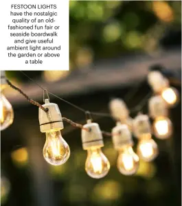  ??  ?? FESTOON LIGHTS have the nostalgic quality of an oldfashion­ed fun fair or seaside boardwalk and give useful ambient light around the garden or above a table