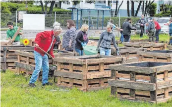  ?? FOTO: SIMON SCHNEIDER ?? Fleißige Helfer bepflanzen die neuen Hochbeete auf dem Gelände des Lebenswerk­s der Diakonie. Jeder, der möchte, darf hier nach vorheriger Anmeldung sein Gemüse anpflanzen.