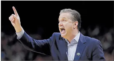  ?? AP/TED S. WARREN ?? Kentucky’s John Calipari is 6-0 in the Sweet 16 as the Wildcats’ coach with an average margin of victory of 14 points per game. With Calipari at the helm, the Wildcats have won by 10 or more points in all four games as the higher seed, which they will...