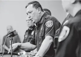  ?? Elizabeth Conley / Staff photograph­er ?? HPD Chief Art Acevedo says he needs more time to review the documents raising concerns about the department’s oversight of officers using confidenti­al informants.