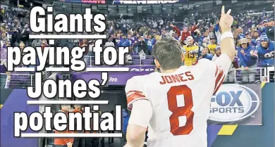  ?? USA TODAY Sports ?? MORE OF THIS WILL BE EXPECTED: Daniel Jones waves to the Giants fans in attendance in Minneapoli­s for Big Blue’s playoff victory over the Vikings on Jan. 15.