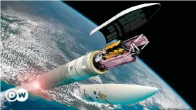  ?? ?? Impresión artística del telescopio espacial "James Webb" plegado en el cohete "Ariane 5" durante el lanzamient­o desde el puerto espacial europeo de la Guayana Francesa.
